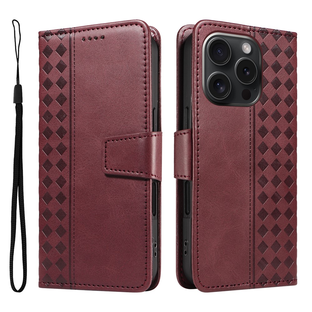 For iPhone 15 Pro Leather Case Wallet Stand Grids Imprinted Phone Cover with Strap -  Wine Red