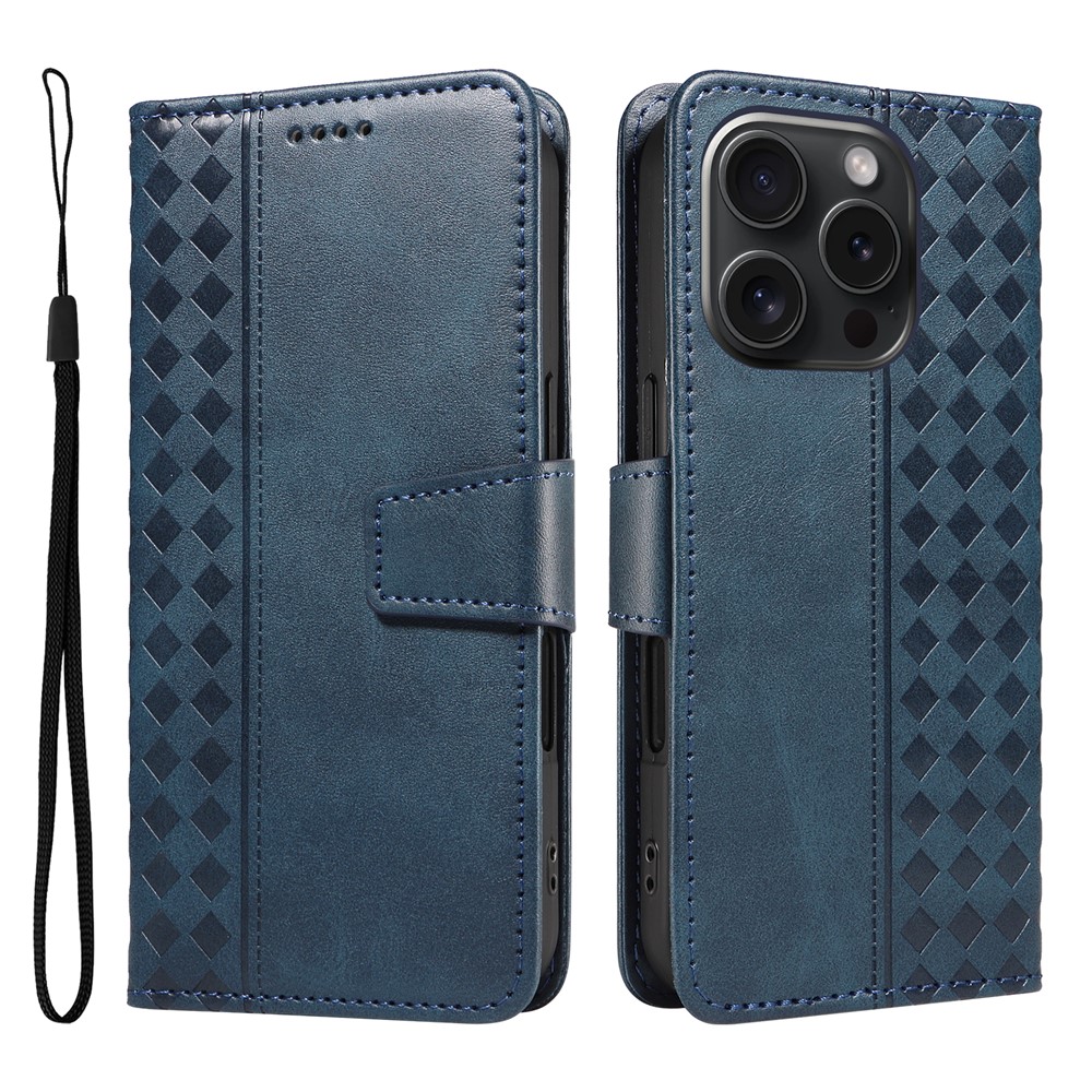 For iPhone 15 Pro Leather Case Wallet Stand Grids Imprinted Phone Cover with Strap - Blue