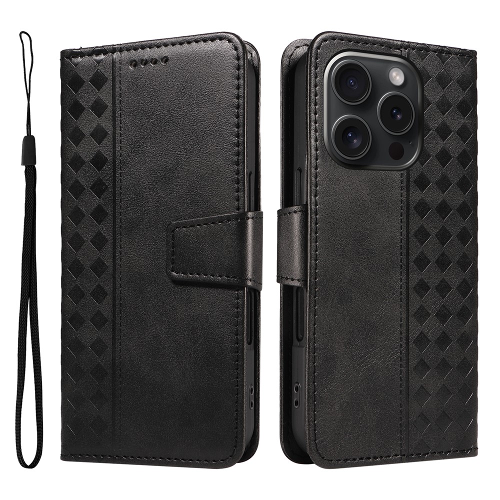 For iPhone 15 Pro Leather Case Wallet Stand Grids Imprinted Phone Cover with Strap - Black