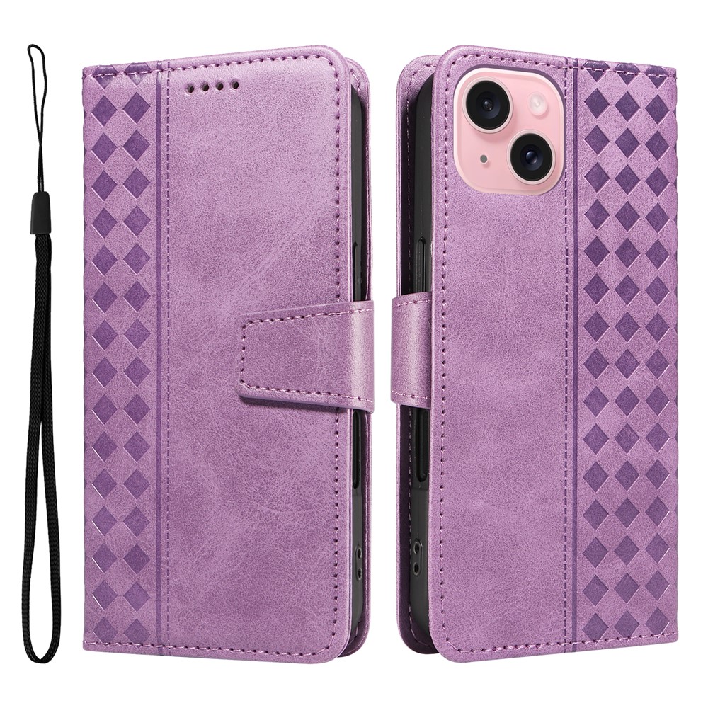 For iPhone 15 Leather Case Wallet Stand Grids Imprinted Phone Cover with Strap - Light Purple