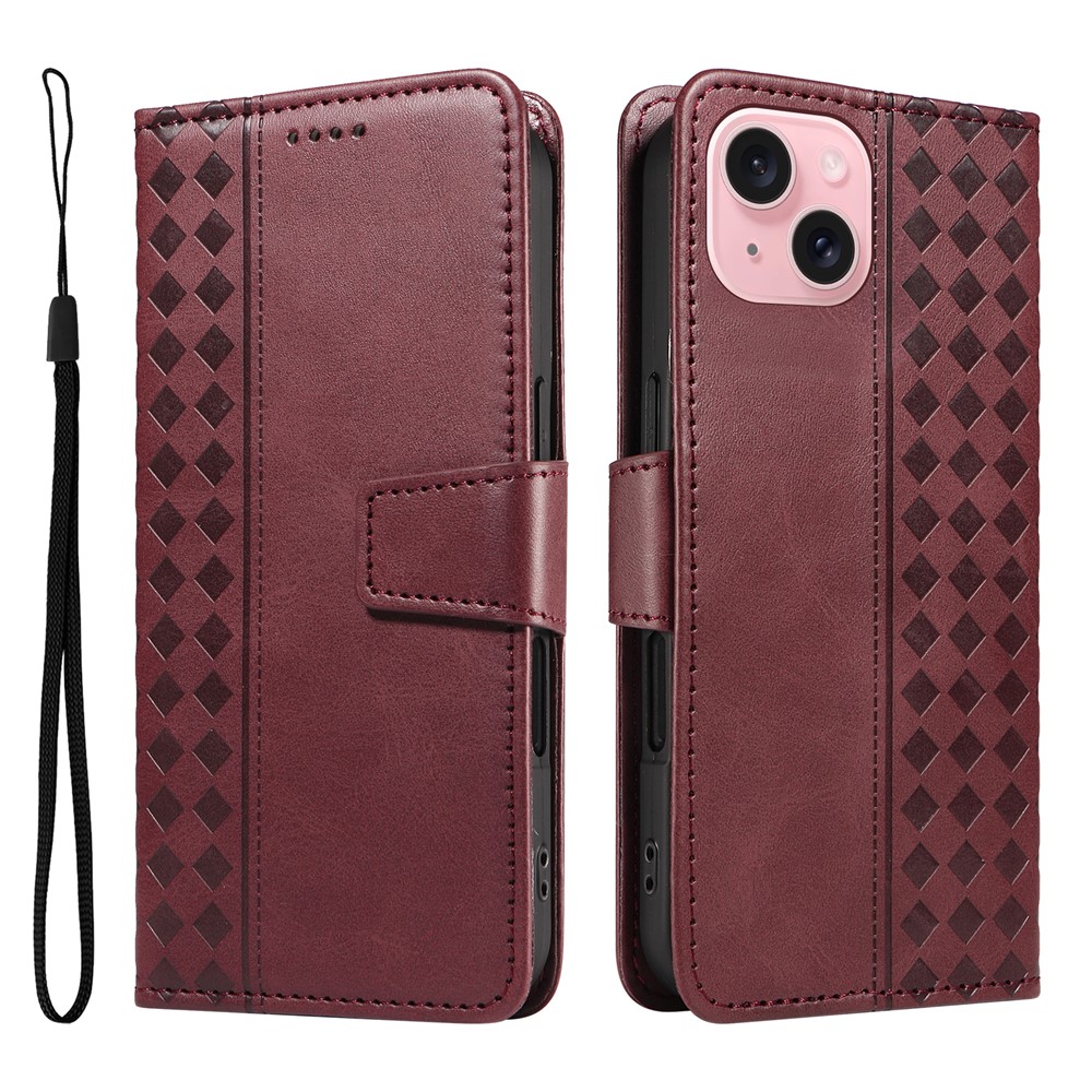 For iPhone 15 Leather Case Wallet Stand Grids Imprinted Phone Cover with Strap -  Wine Red