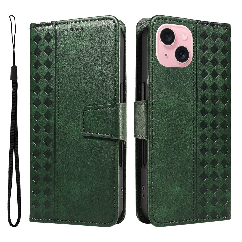 For iPhone 15 Leather Case Wallet Stand Grids Imprinted Phone Cover with Strap - Green