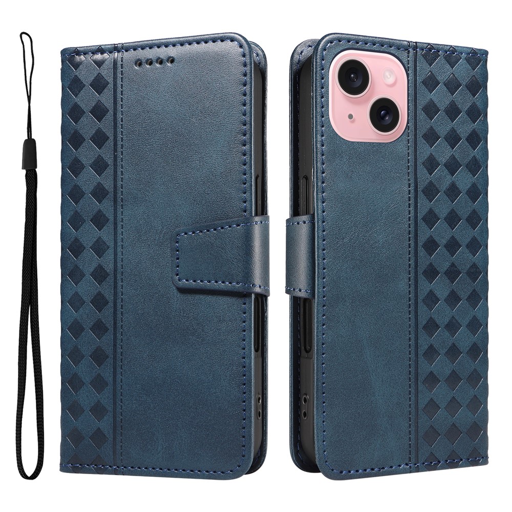 For iPhone 15 Leather Case Wallet Stand Grids Imprinted Phone Cover with Strap - Blue