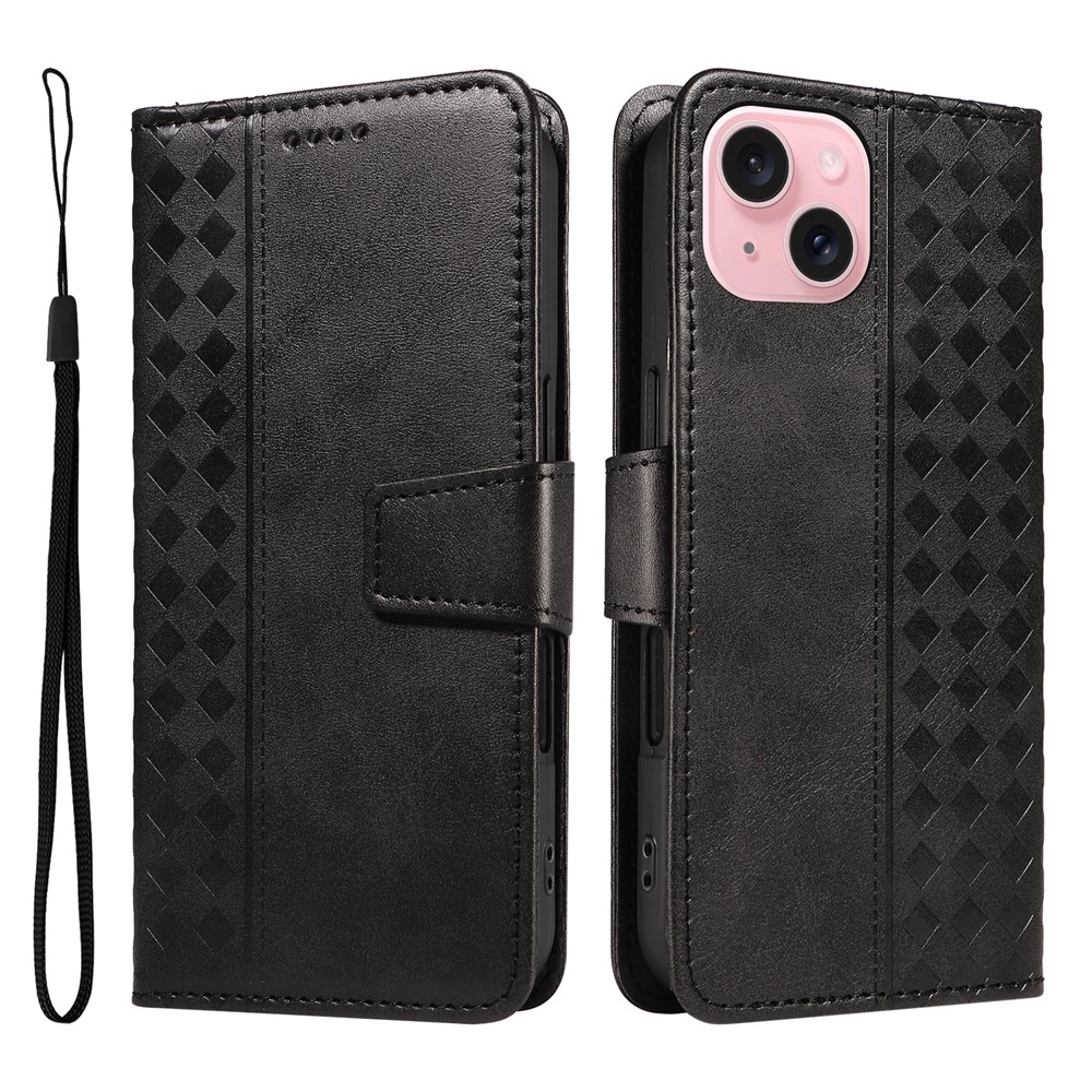For iPhone 15 Leather Case Wallet Stand Grids Imprinted Phone Cover with Strap - Black