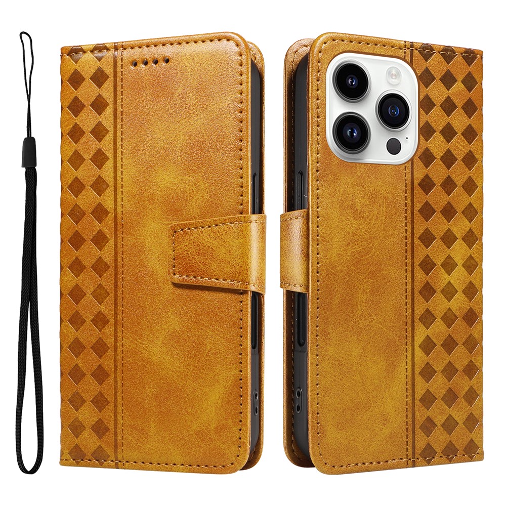 For iPhone 14 Pro Max Leather Case Wallet Stand Grids Imprinted Phone Cover with Strap - Yellow