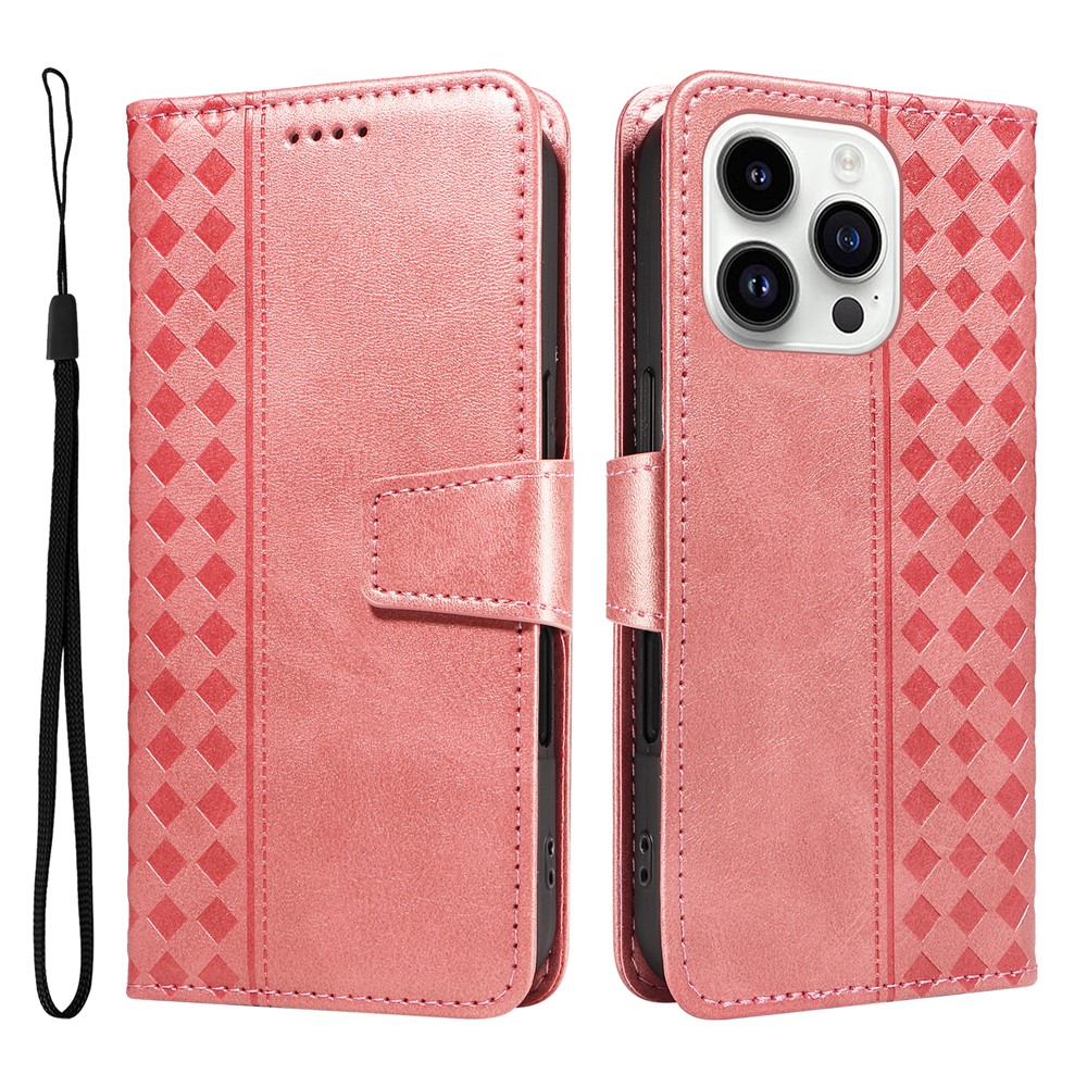 For iPhone 14 Pro Max Leather Case Wallet Stand Grids Imprinted Phone Cover with Strap - Rose Gold