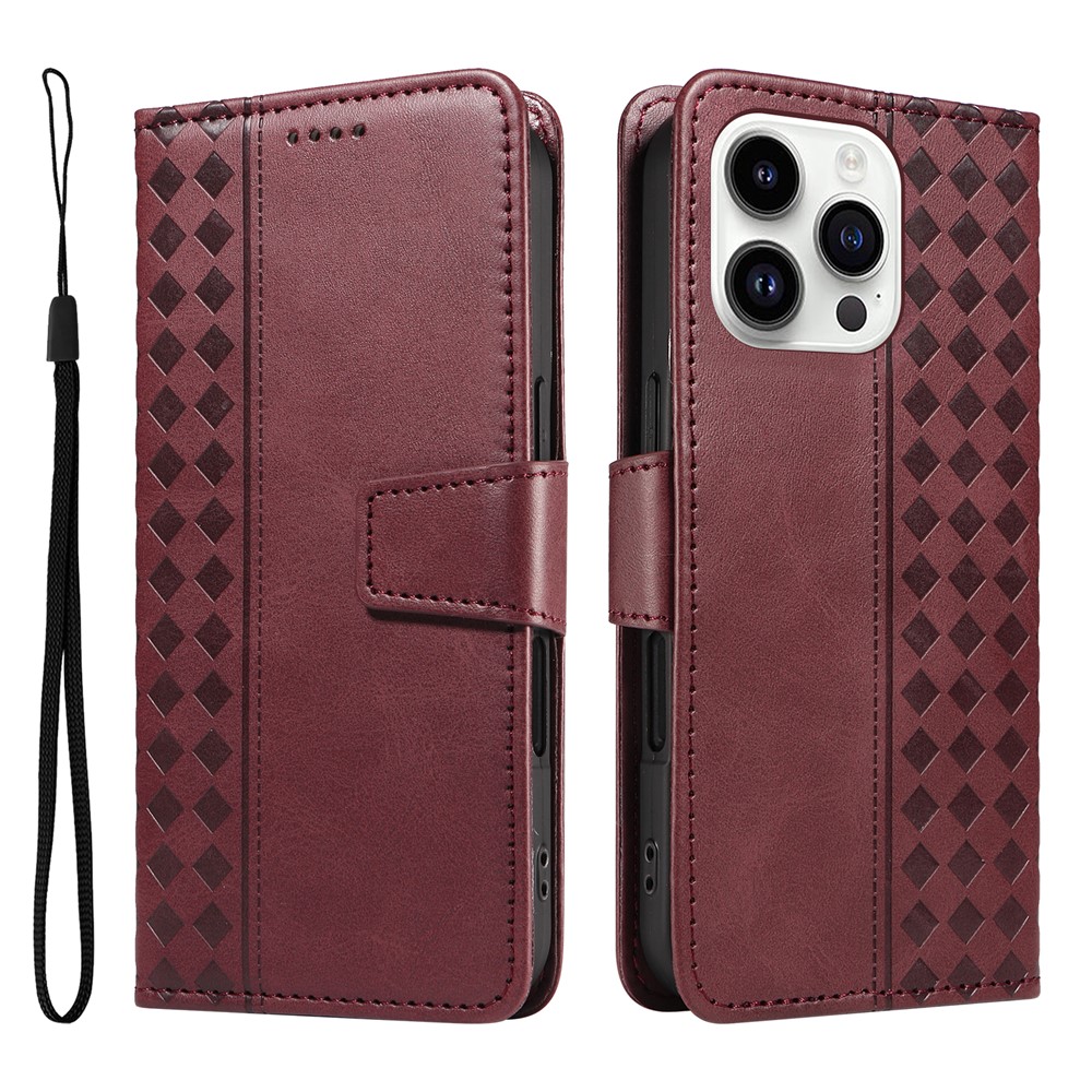 For iPhone 14 Pro Max Leather Case Wallet Stand Grids Imprinted Phone Cover with Strap -  Wine Red