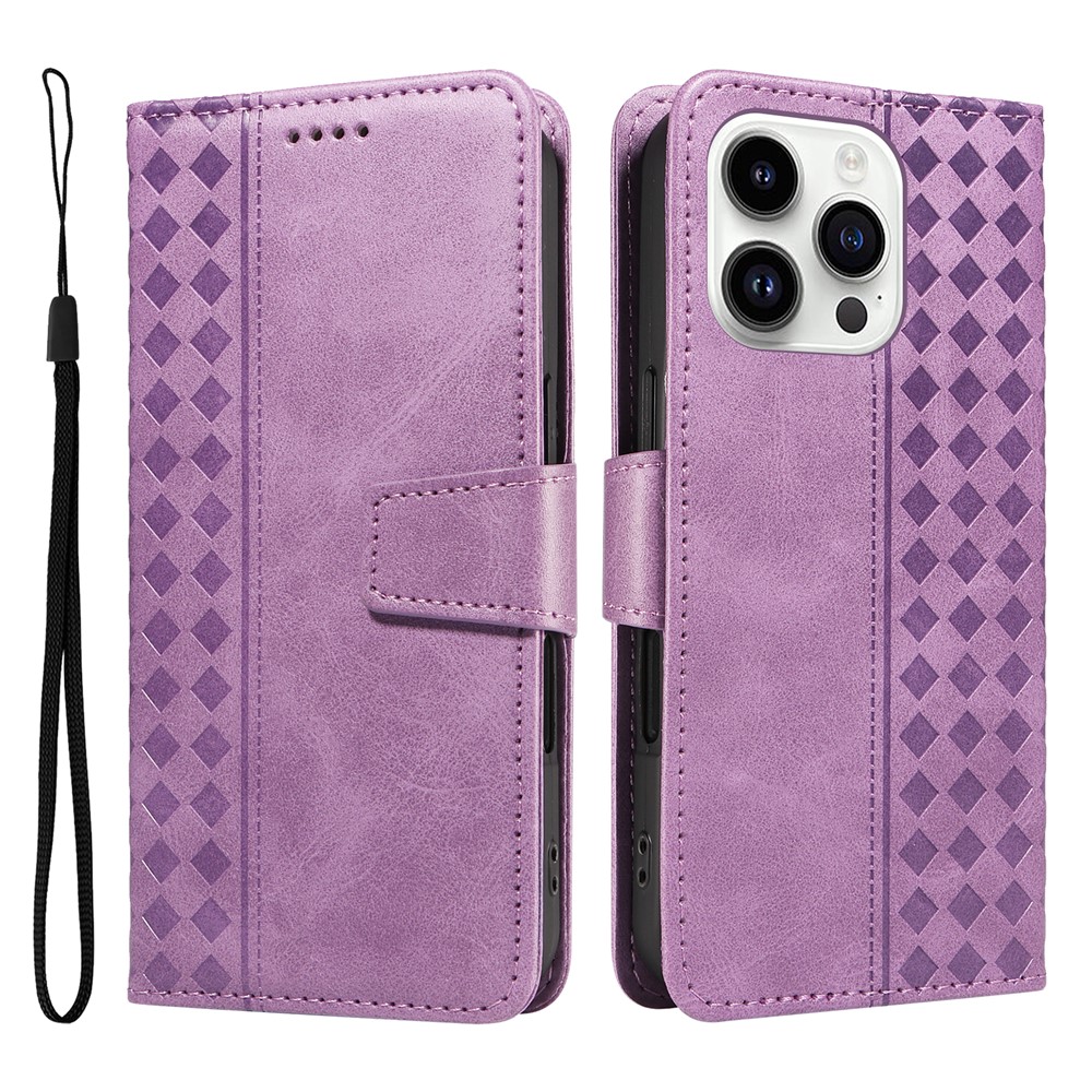 For iPhone 14 Pro Leather Case Wallet Stand Grids Imprinted Phone Cover with Strap - Light Purple