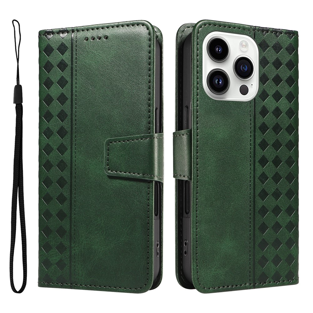 For iPhone 14 Pro Leather Case Wallet Stand Grids Imprinted Phone Cover with Strap - Green