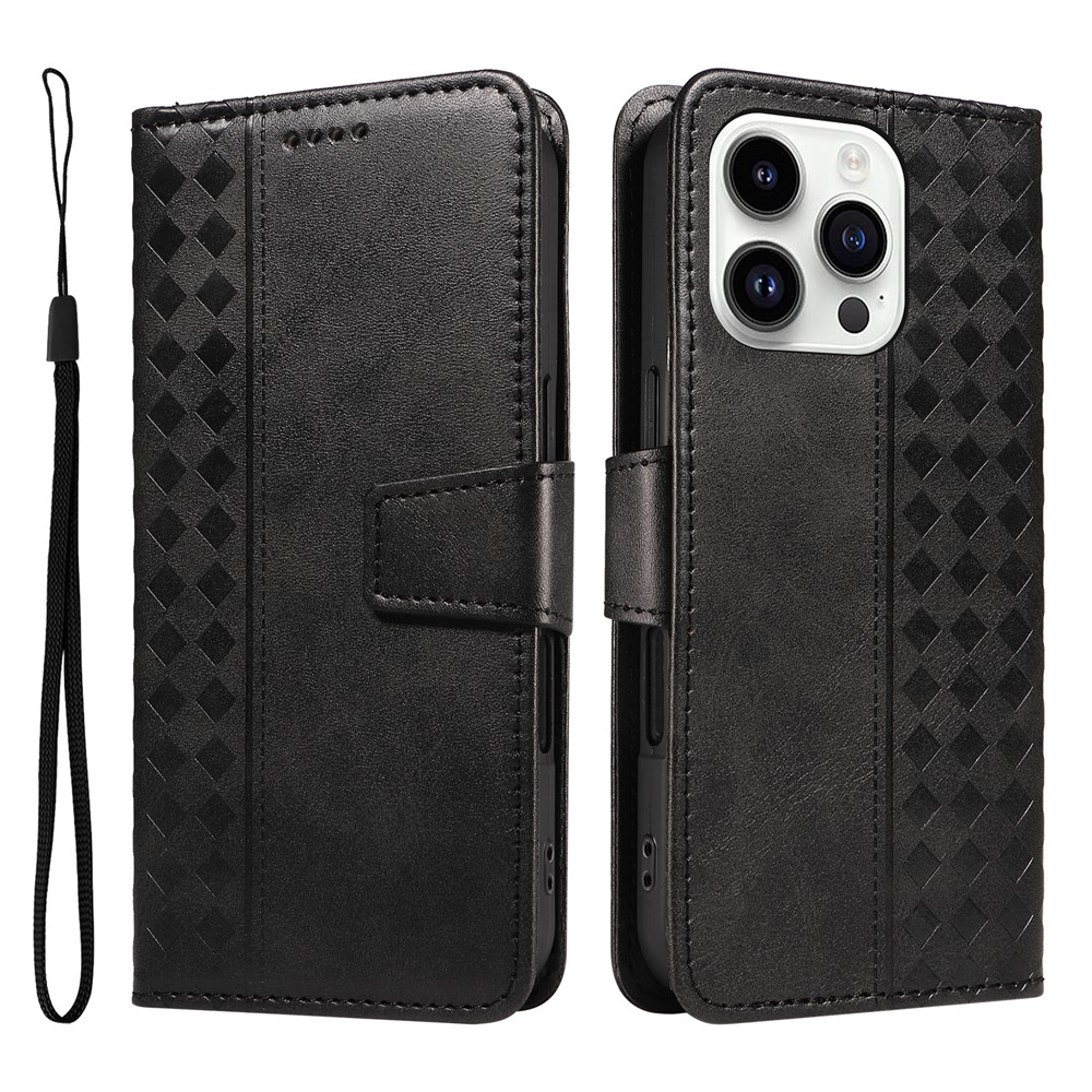 For iPhone 14 Pro Leather Case Wallet Stand Grids Imprinted Phone Cover with Strap - Black