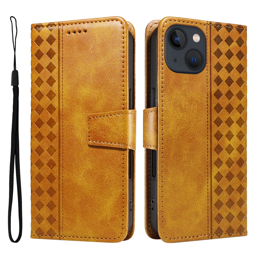 For iPhone 14 Leather Case Wallet Stand Grids Imprinted Phone Cover with Strap - Yellow