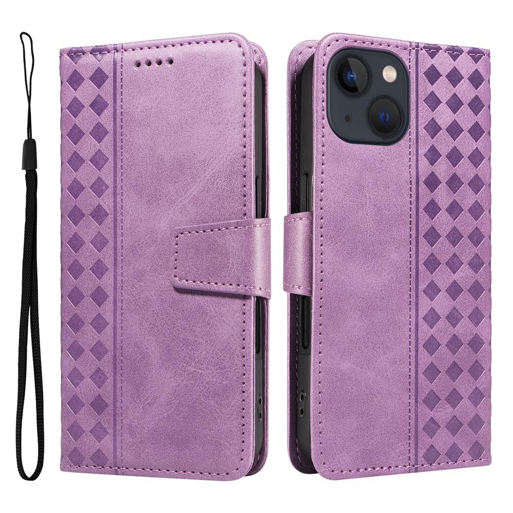 For iPhone 14 Leather Case Wallet Stand Grids Imprinted Phone Cover with Strap - Light Purple