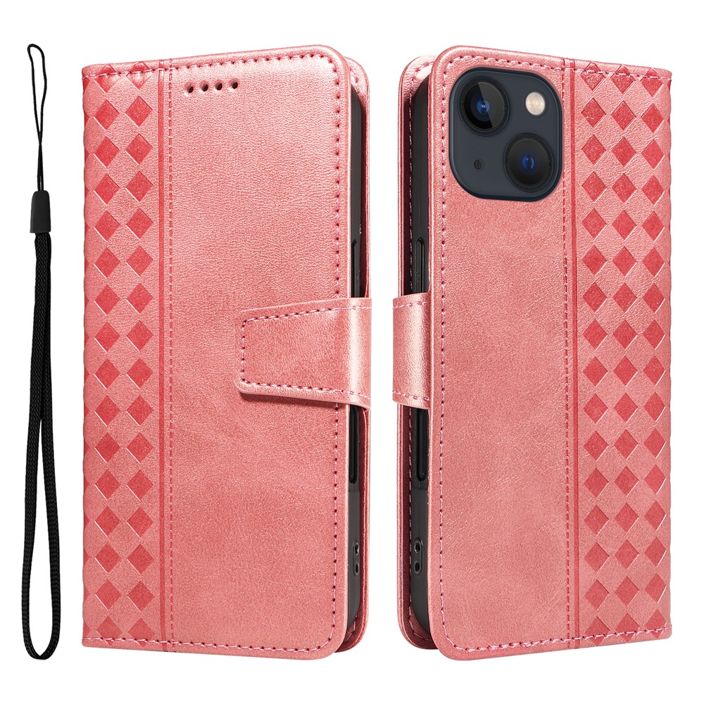 For iPhone 14 Leather Case Wallet Stand Grids Imprinted Phone Cover with Strap - Rose Gold