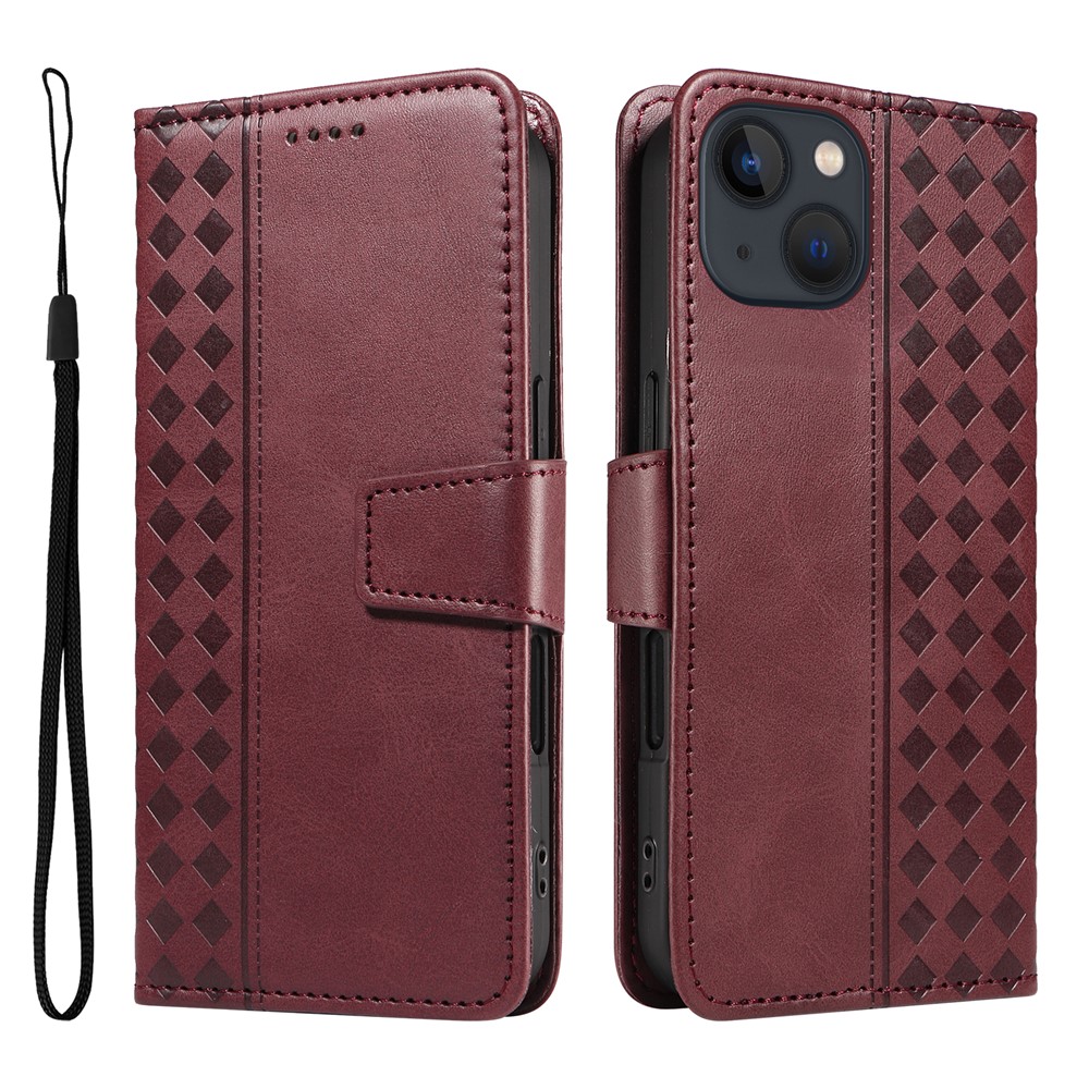 For iPhone 14 Leather Case Wallet Stand Grids Imprinted Phone Cover with Strap - Wine Red