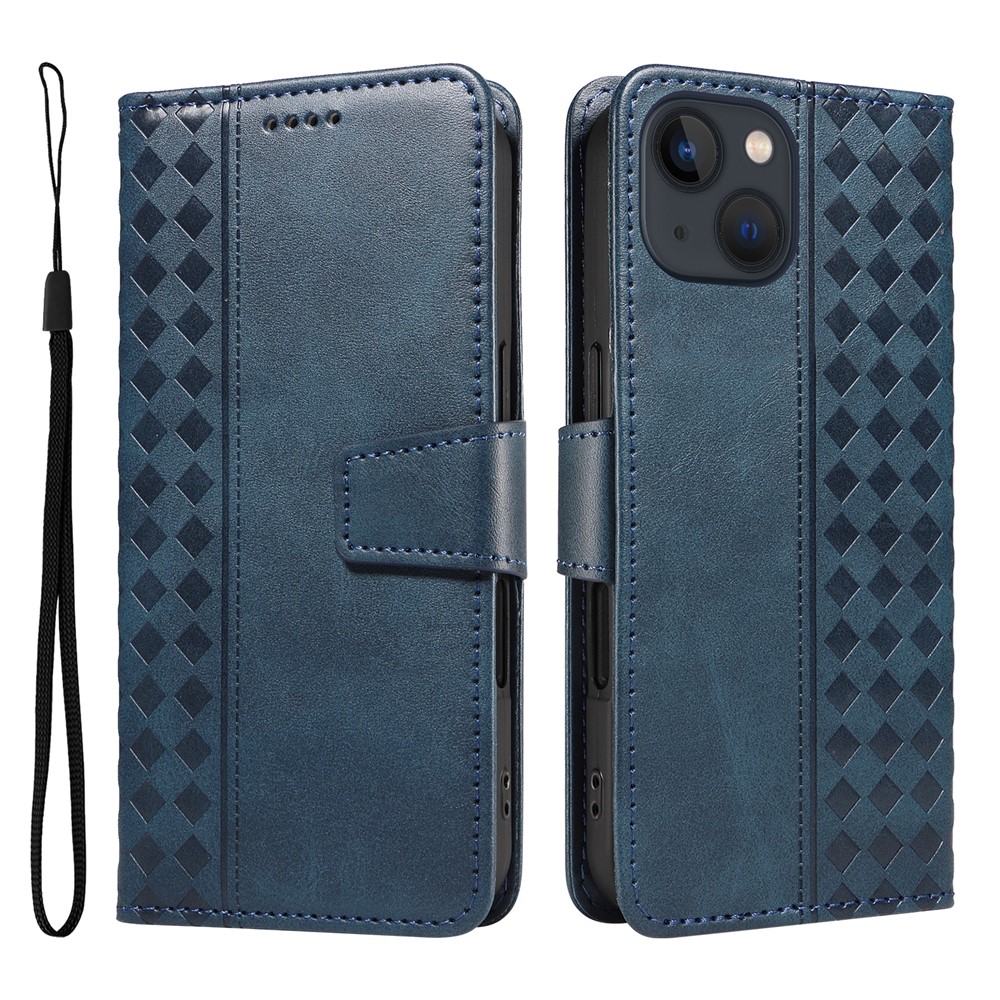 For iPhone 14 Leather Case Wallet Stand Grids Imprinted Phone Cover with Strap - Blue