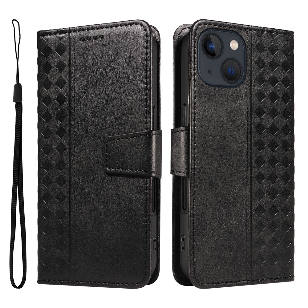 For iPhone 14 Leather Case Wallet Stand Grids Imprinted Phone Cover with Strap - Black