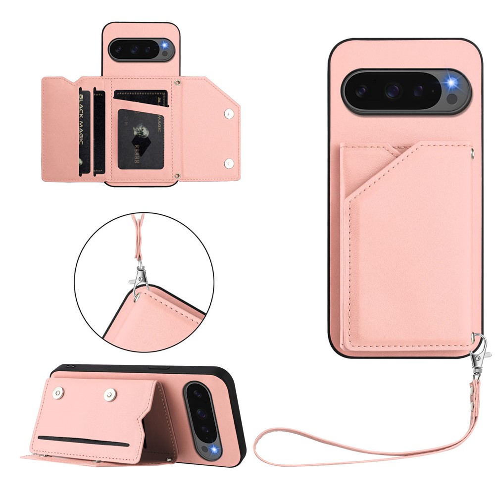For Google Pixel 10 Pro XL Case Card Holder Kickstand Skin-Touch Phone Cover with Wrist Strap - Pink