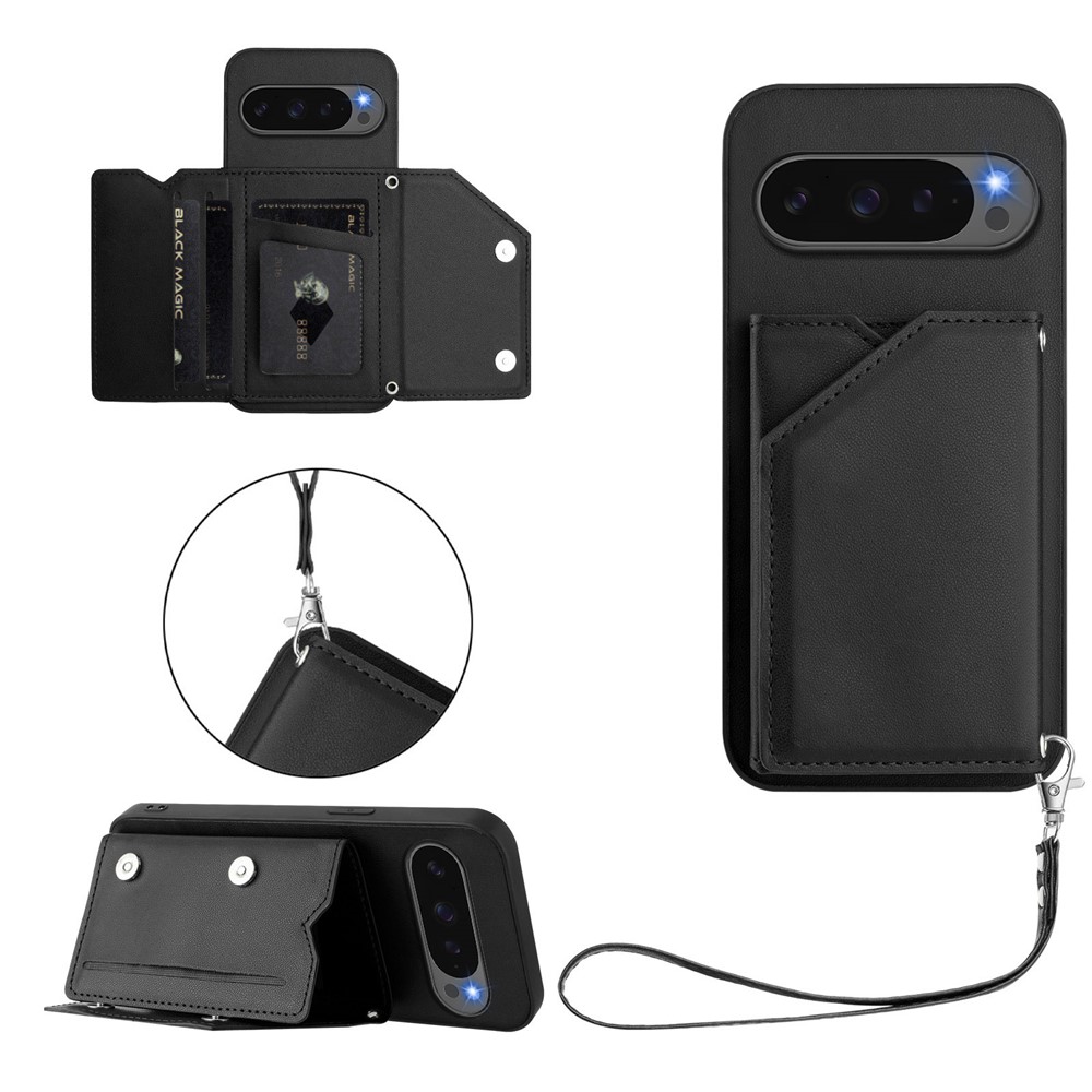 For Google Pixel 10 Pro XL Case Card Holder Kickstand Skin-Touch Phone Cover with Wrist Strap - Black