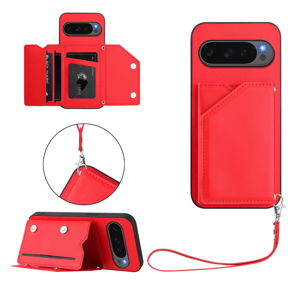For Google Pixel 10 Pro XL Case Card Holder Kickstand Skin-Touch Phone Cover with Wrist Strap - Red