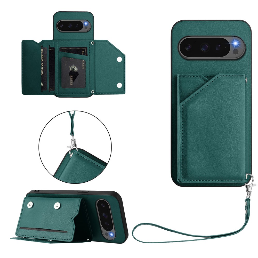 For Google Pixel 10 Pro / 10 Case Card Holder Kickstand Skin-Touch Phone Cover with Wrist Strap - Green
