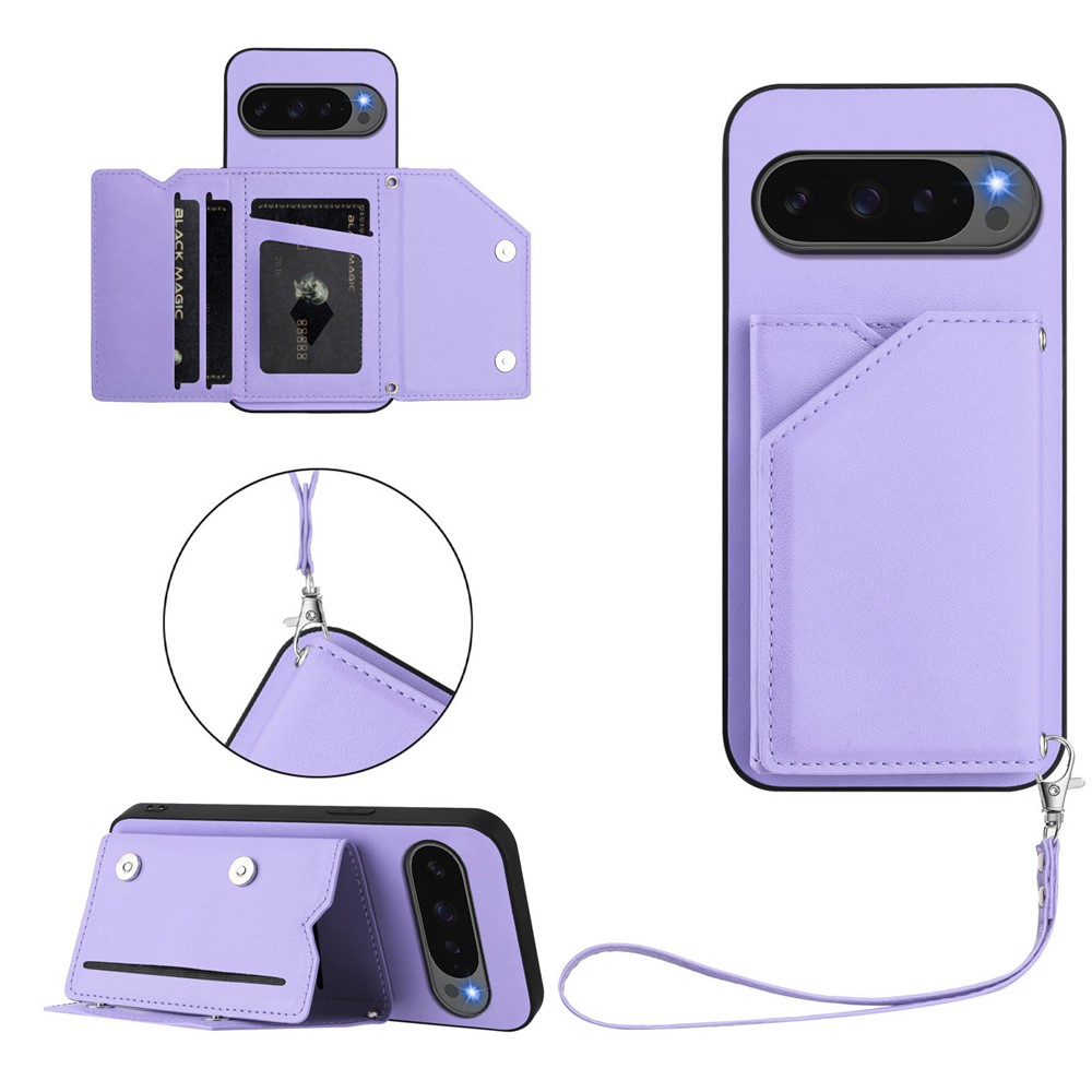 For Google Pixel 10 Pro / 10 Case Card Holder Kickstand Skin-Touch Phone Cover with Wrist Strap - Light Purple