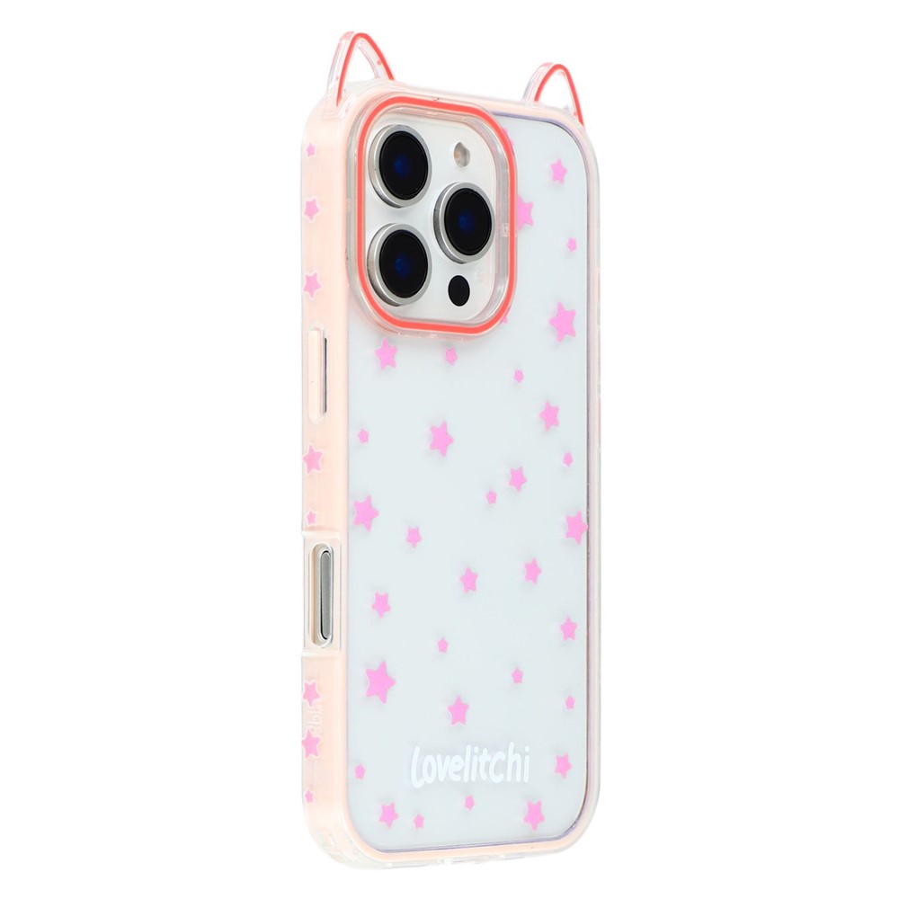 For iPhone 16 Pro Max Case Star Pattern Cat Ear Design TPU + Acrylic Clear Phone Back Cover - Pink