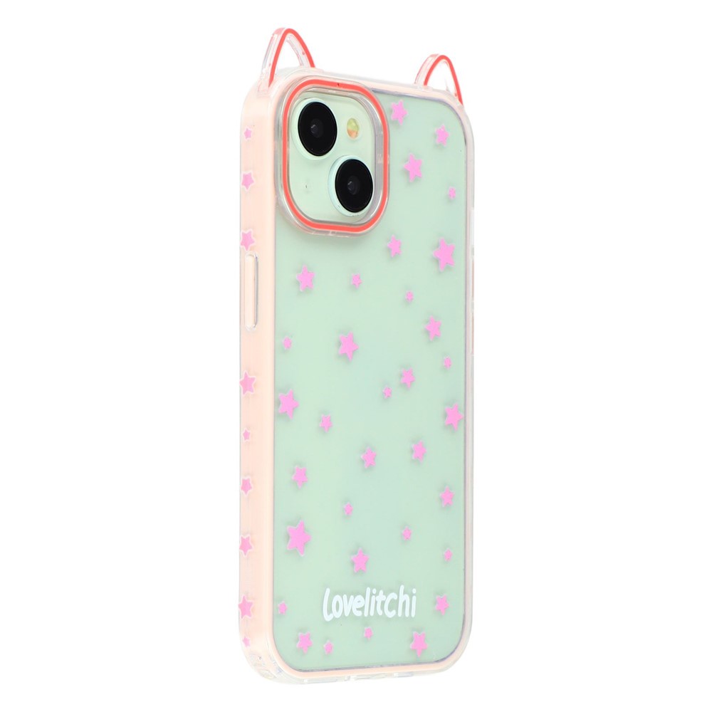 For iPhone 15 Case Star Pattern Cat Ear Design TPU + Acrylic Clear Phone Back Cover - Pink