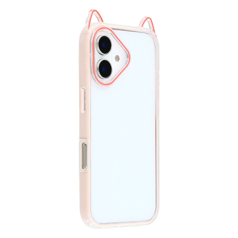 For iPhone 16 Plus Case Cat Ear Design TPU + Acrylic Clear Phone Back Cover - Pink
