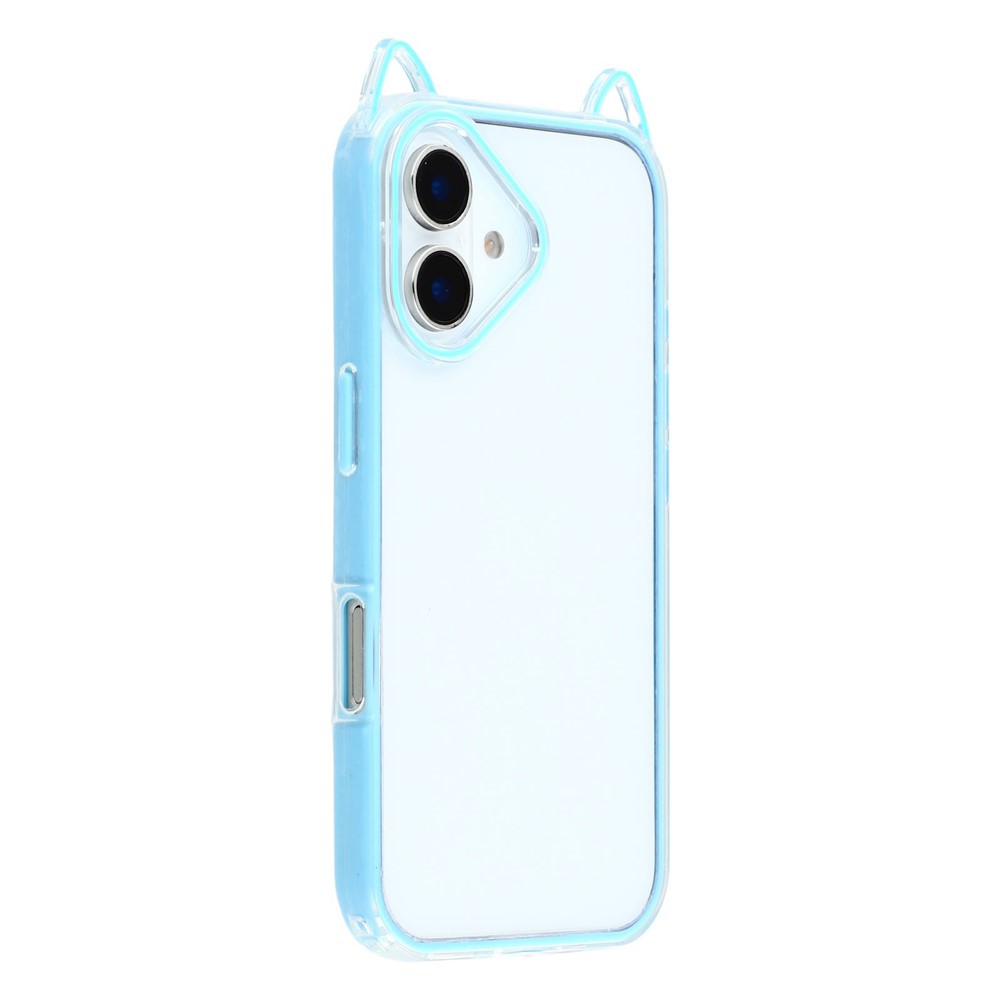 For iPhone 16 Plus Case Cat Ear Design TPU + Acrylic Clear Phone Back Cover - Baby Blue