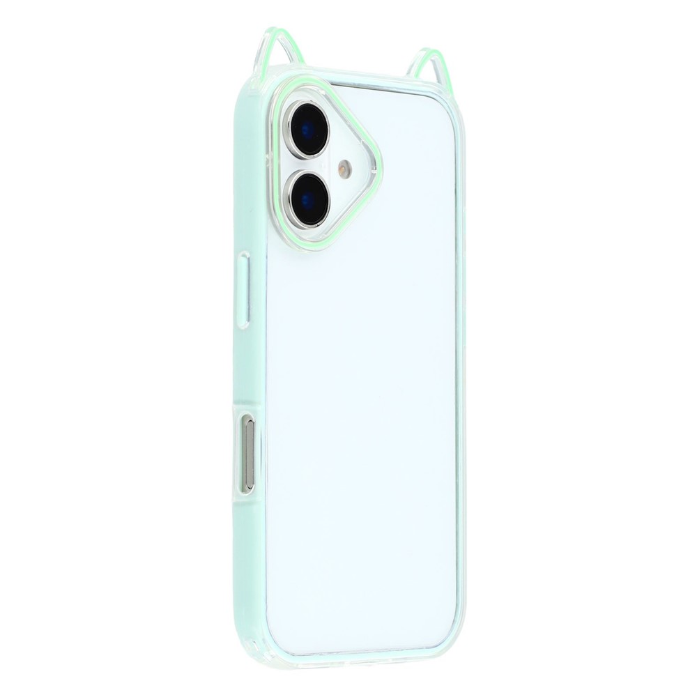 For iPhone 16 Plus Case Cat Ear Design TPU + Acrylic Clear Phone Back Cover - Green