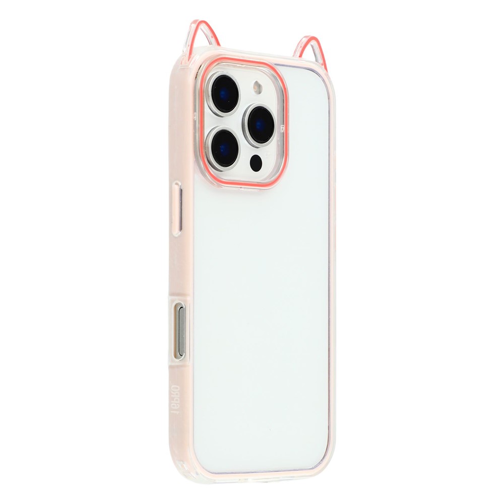 For iPhone 16 Pro Max Case Cat Ear Design TPU + Acrylic Clear Phone Back Cover - Pink