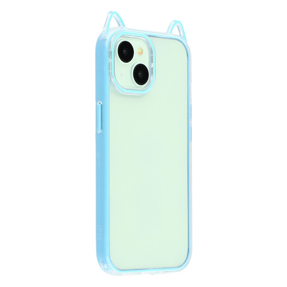 For iPhone 15 Case Cat Ear Design TPU + Acrylic Clear Phone Back Cover - Baby Blue