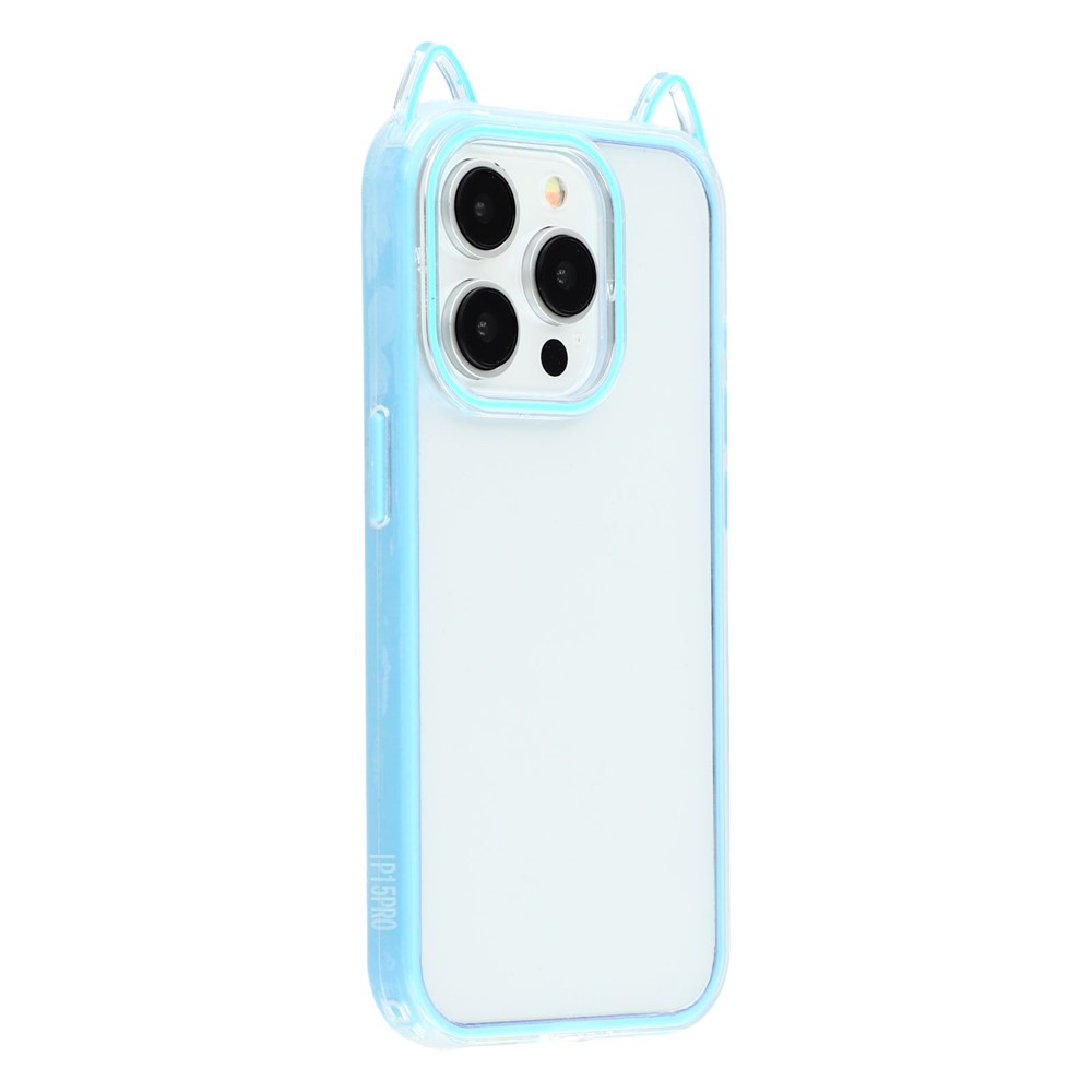 For iPhone 15 Pro Max Case Cat Ear Design TPU + Acrylic Clear Phone Back Cover - Baby Blue