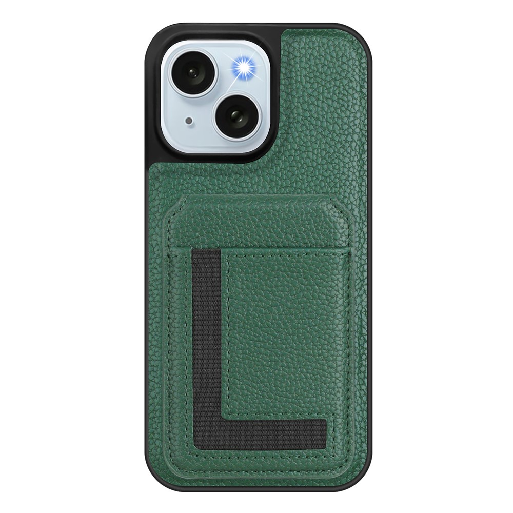 For iPhone 15 Magnetic Case TPU + PU Leather Phone Back Cover with Detachable Card Holder - Dark Green