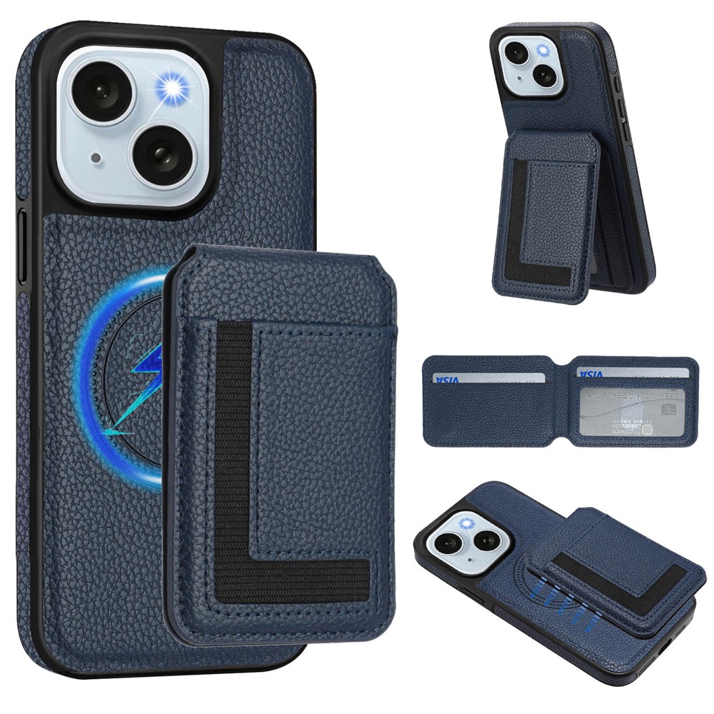 For iPhone 15 Plus Magnetic Case TPU + PU Leather Phone Back Cover with Detachable Card Holder - Dark Blue