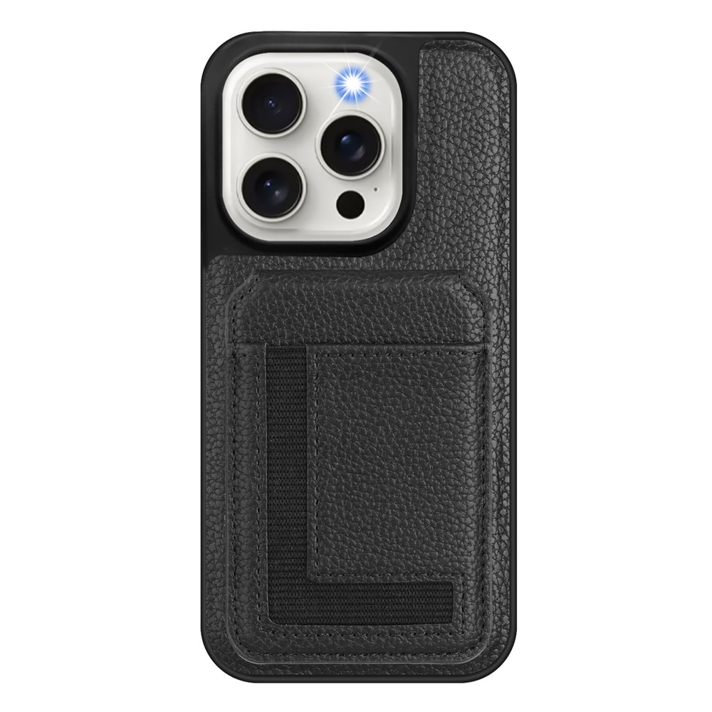 For iPhone 15 Pro Magnetic Case TPU + PU Leather Phone Back Cover with Detachable Card Holder - Black