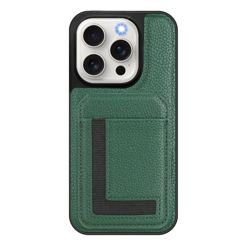 For iPhone 15 Pro Magnetic Case TPU + PU Leather Phone Back Cover with Detachable Card Holder - Dark Green