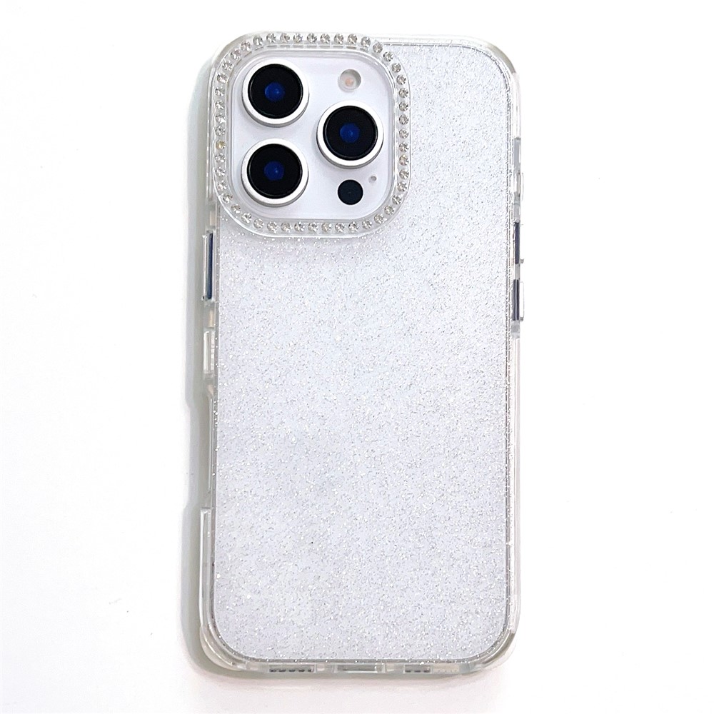 For iPhone 16 Pro Max Case Rhinestone Decor Glitter TPU Anti Drop Phone Cover - White