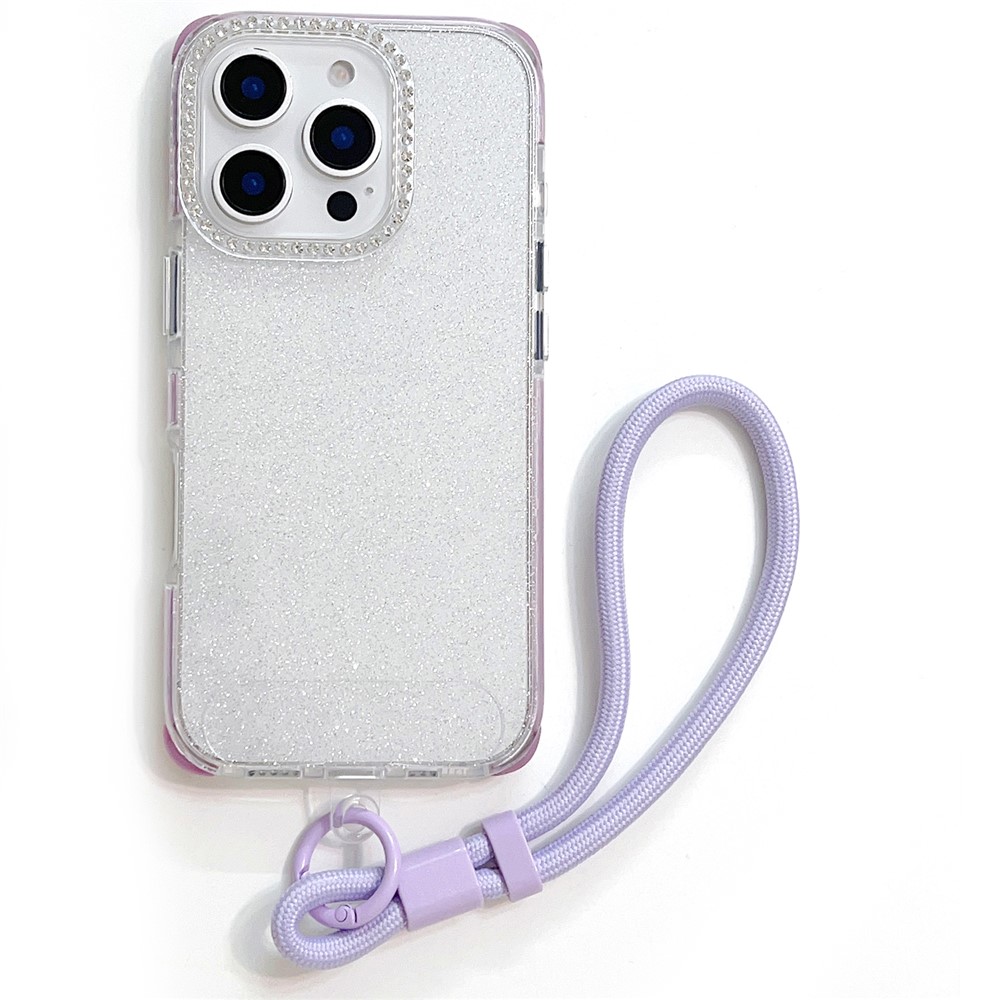 For iPhone 16 Pro Max Case Rhinestone Decor Glitter TPU Anti Drop Phone Cover with Adjustable Wrist Strap - Purple - Purple