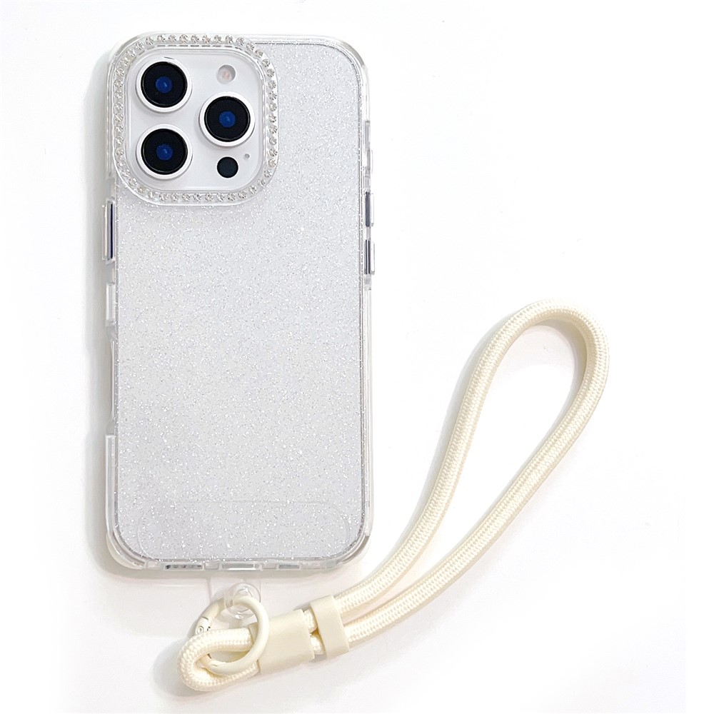 For iPhone 16 Pro Max Case Rhinestone Decor Glitter TPU Anti Drop Phone Cover with Adjustable Wrist Strap - Purple - White