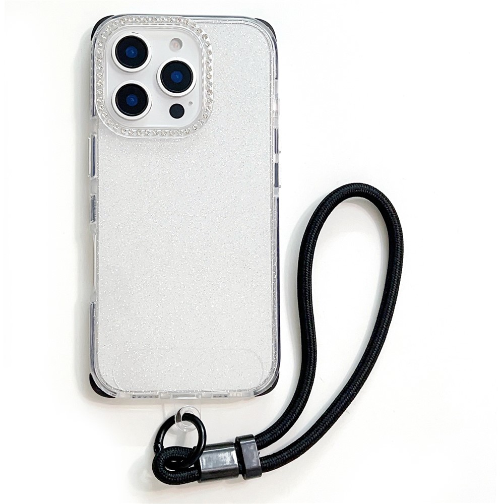 For iPhone 16 Pro Max Case Rhinestone Decor Glitter TPU Anti Drop Phone Cover with Adjustable Wrist Strap - Purple - Black