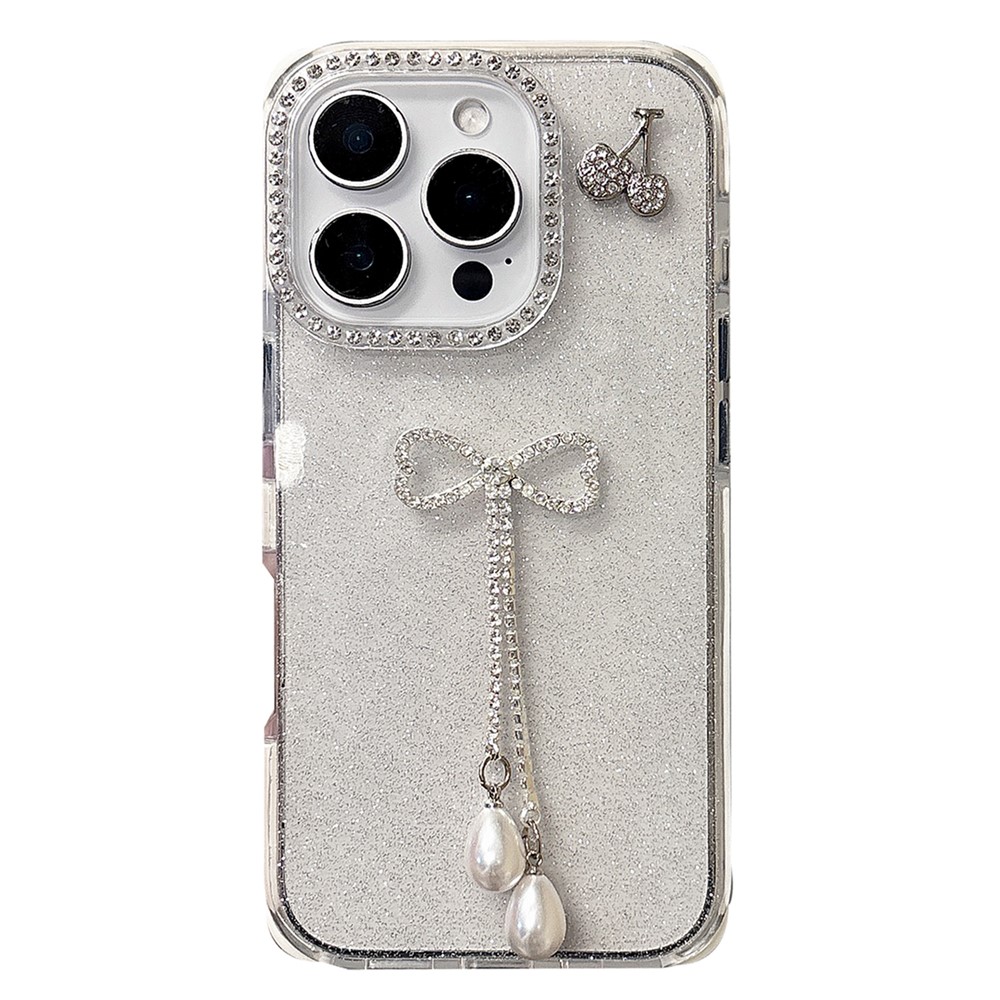 For iPhone 16 Pro Max Case Rhinestone Decor Glitter TPU Phone Cover with Bow Tassel - White