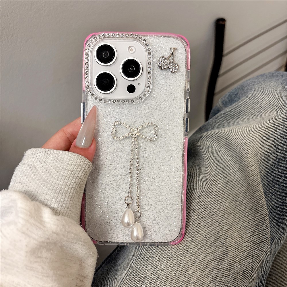 For iPhone 16 Pro Max Case Rhinestone Decor Glitter TPU Phone Cover with Bow Tassel - Rose