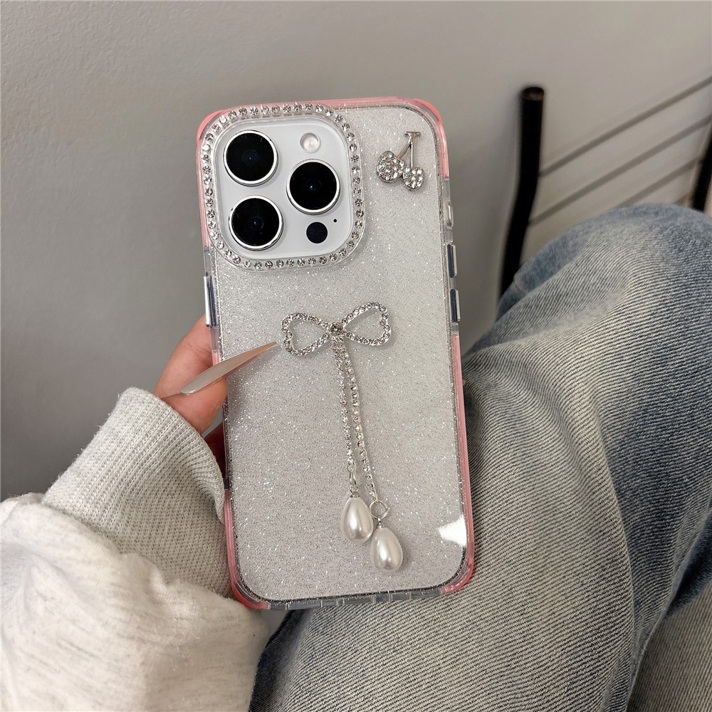 For iPhone 16 Pro Max Case Rhinestone Decor Glitter TPU Phone Cover with Bow Tassel - Pink