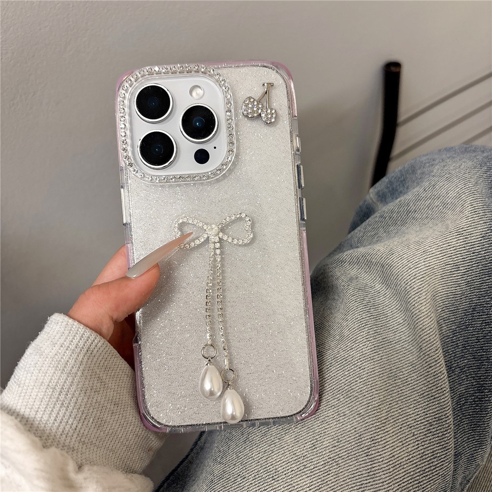 For iPhone 16 Pro Max Case Rhinestone Decor Glitter TPU Phone Cover with Bow Tassel - Purple