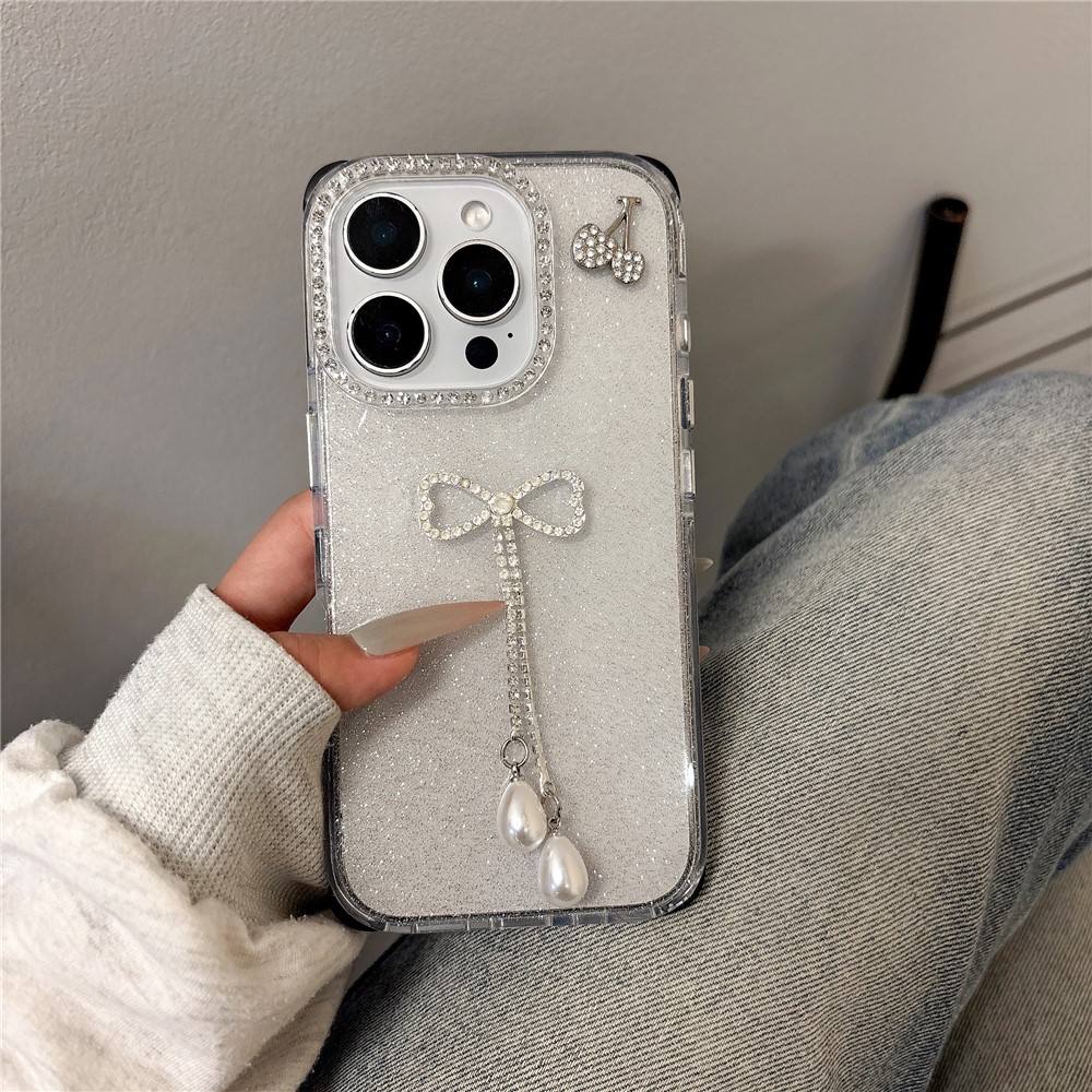 For iPhone 16 Pro Max Case Rhinestone Decor Glitter TPU Phone Cover with Bow Tassel - Black