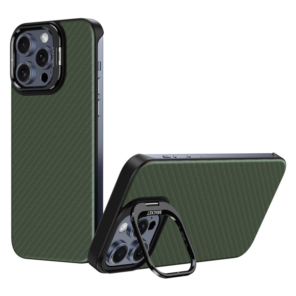 For iPhone 15 Pro Magnetic Case Lens Frame Kickstand Genuine Cow Leather + PC Borderless Phone Cover - Green