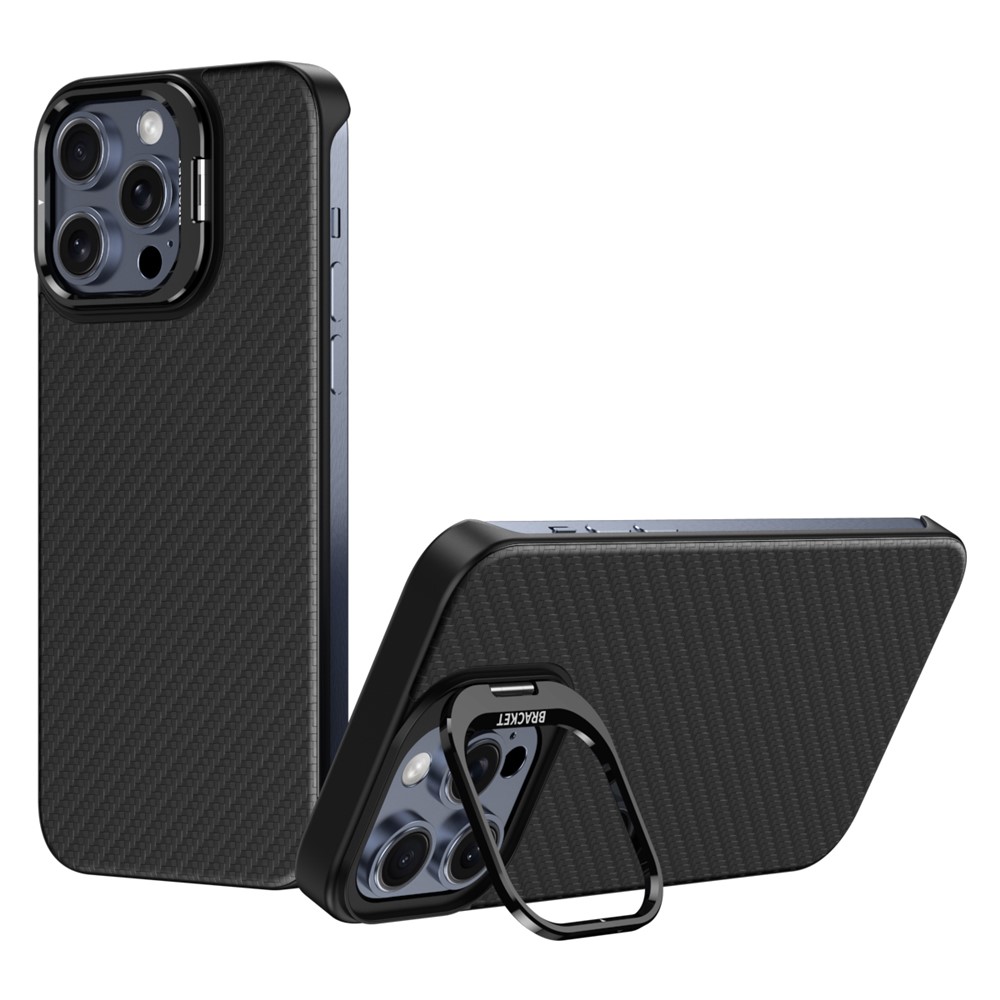 For iPhone 15 Pro Max Magnetic Case Lens Frame Kickstand Genuine Cow Leather + PC Borderless Phone Cover - Black