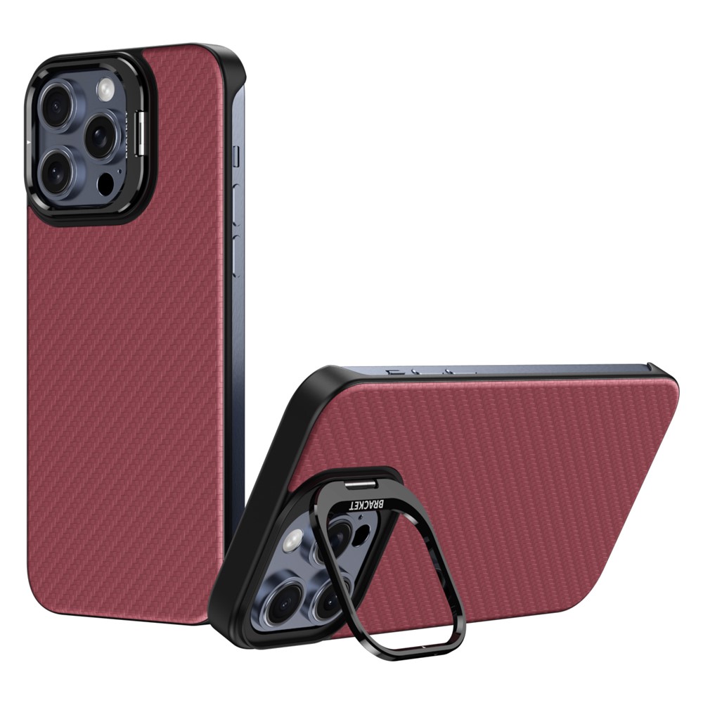 For iPhone 15 Pro Max Magnetic Case Lens Frame Kickstand Genuine Cow Leather + PC Borderless Phone Cover - Red