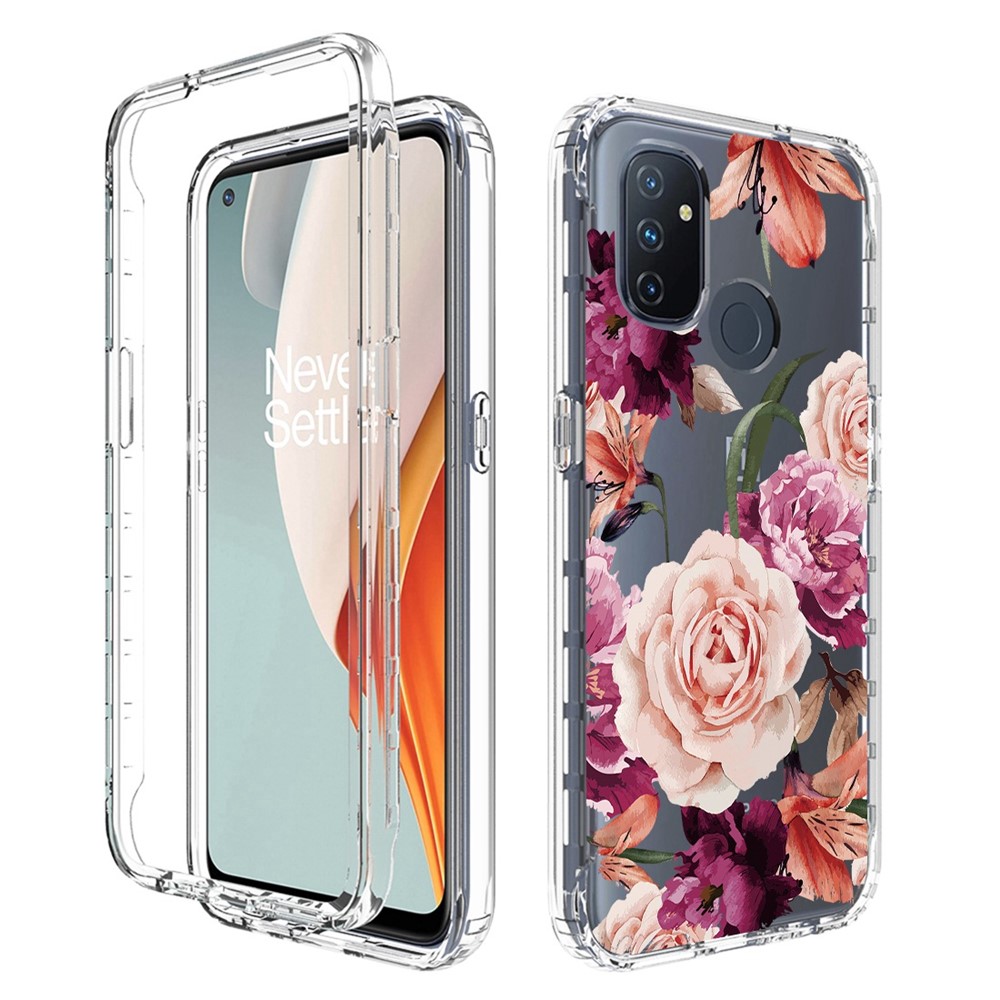 Clear Phone Case For OnePlus Nord N100, PC Frame + TPU Cover 2-in-1 Pattern Printing Drop-proof Phone Shell - Purple Flower-1